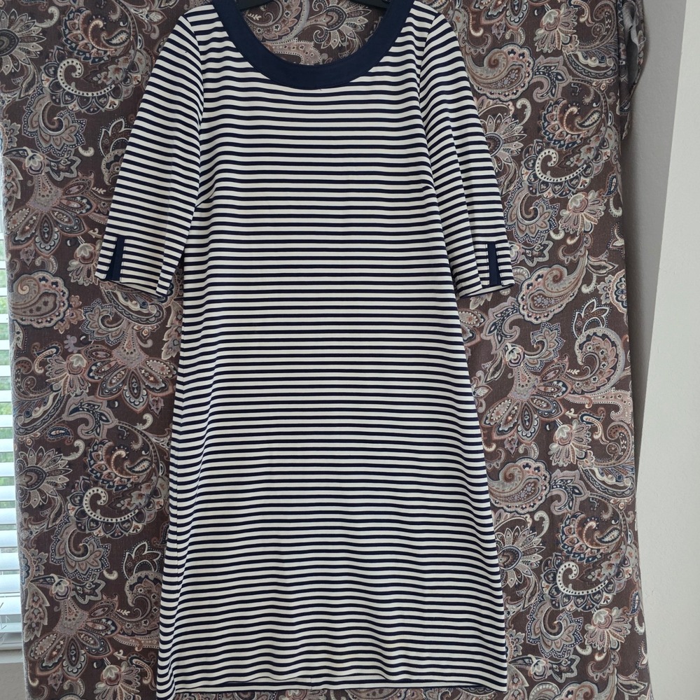 Banana Republic Navy White Striped Sheath Dress Scoop Neck Elbow Sleeve Size 10 - Picture 15 of 16